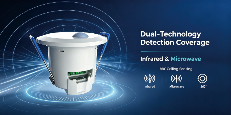 PD-PRW26D mikrodalğalı və infraqırmızı sensor texnologiyalarını bir vahid daxilində birləşdirən tavana quraşdırılmış hərəkət sensorudur.